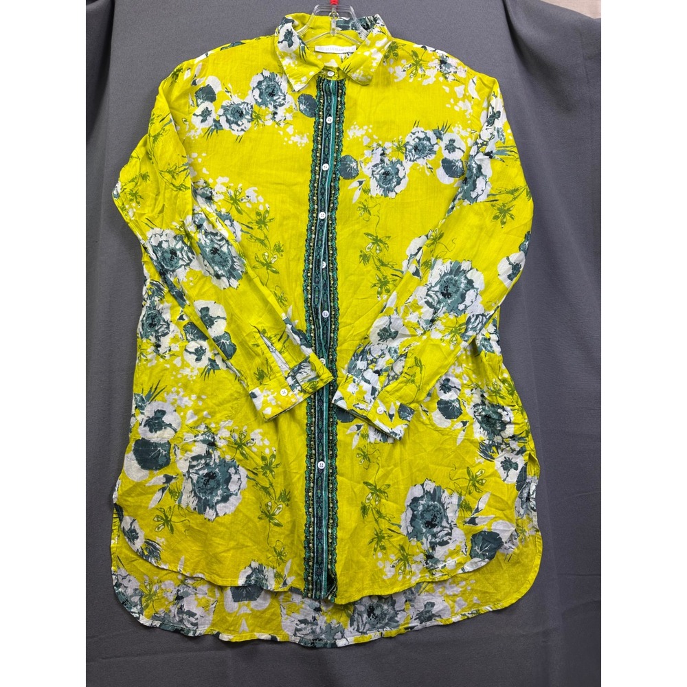 Le Lis‎ Blanc Deux Floral Button Down Tunic Top Yellow Blue Embroidered Trim P